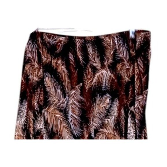 Vintage Plisse Maxi Skirt 3X Bird Feather Print Slits Elastic Neutral Minimalist - Picture 4 of 6